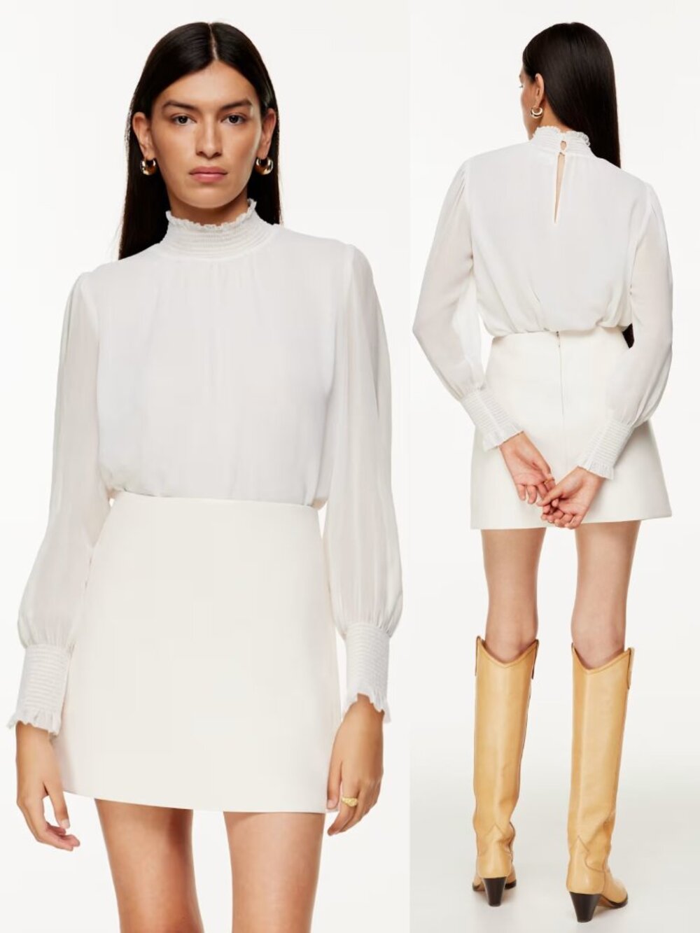 Aritzia Wilfred Valencia Smocked Victorian Mock Neck Top Light Birch Small NWT